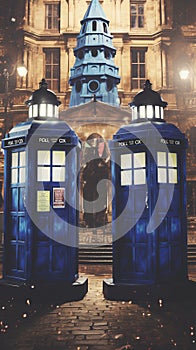 TARDIS, from Doctor Who, time-space machine, blue police phone call box, time vortex, Generative AI photo