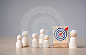 Target, Achieving goal concept. personnel standing around goal. startup and set up business objective target, online marketing