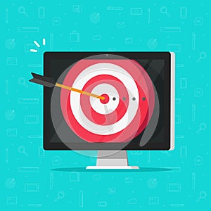 Target aim with arrow in bullseye on computer display vector, concept of success business goal, digital marketing