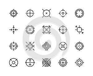 Target aim icons. Shooter game bullseye mark, military accuracy sight for sniper shot, line circles and cross. Vector photo