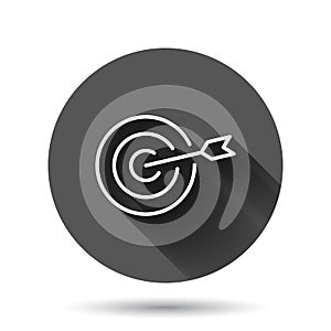 Target aim vector icon in flat style. Darts game illustration on black round background with long shadow effect. Dartboard sport