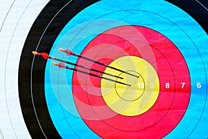 Target archery: hit the mark (3 arrows, close-up)