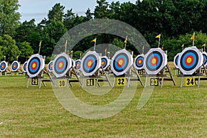 Target area for an outdoor archery competition Zielscheiben fÃÂ¼r Bogensportwettkampf photo