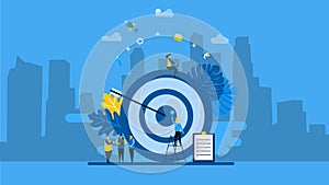 Target with an arrow, hit the target, goal achievement with Tiny People Character Concept Vector Illustration
