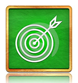 Target arrow icon chalk board green square button slate texture wooden frame concept isolated on white background with shadow