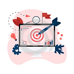 Target with an arrow on monitor, hit the target, goal achievement. Business concept vector illustration