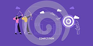 Target business illustration vector aim backgorund. Business man and woman compete in reaching aims. Business goal