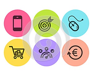 Target, Correct answer and Internet shopping icons set. Computer mouse, Smartphone and Exchange currency signs. Vector