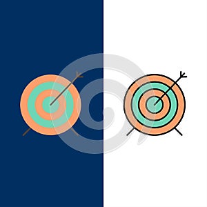 Target, Dart, Goal, Focus  Icons. Flat and Line Filled Icon Set Vector Blue Background