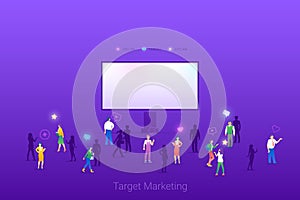 Target focus group audience for Outdoor Billboard Advertising Marketing Flat vector illustration concept. Targeting in Crowd of