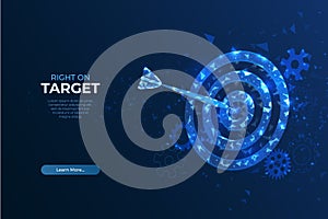 Target goal. Digital technology, blue arrow wireframe, data competition, hit strategy, bullseye, polygonal lines, darts