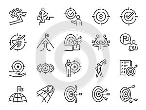 Target and Goal line icon set. Included the icons as achievement, business goal, mission, marketing, and more.