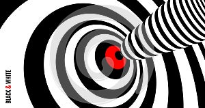 Target hit in the center. Black and white design with optical illusion. Abstract striped background. Vector illustration