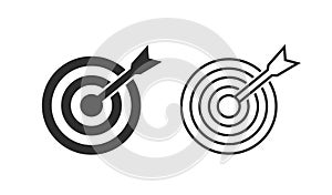 Target icon. Accuracy focus and shot in goal. Objective with arrow. Icon of dart with dartboard. Symbol of opportunity, accurate