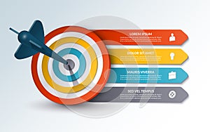 Target infographic template with 4 steps, options. Banner with target, dart and arrows with place for text and icons.