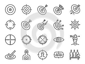 Target line icon set. Included icons as aim, goal, crosshair, shoot, shooting and more.