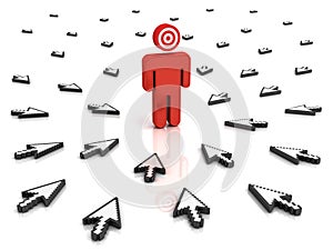 Target man with many arrow cursors aiming at him over white background