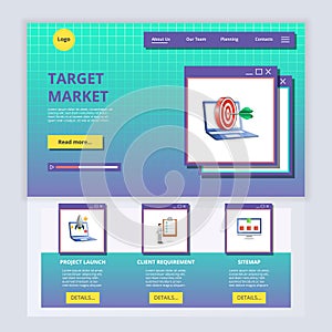 Target market flat landing page website template. Project launch, client requirement, sitemap. Web banner with header