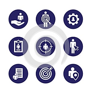 Target market icons of buyer image and persona - gear, arrow, n