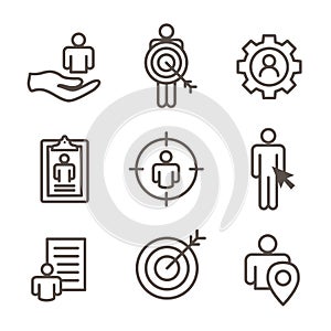 Target market icons of buyer image and persona - gear, arrow, n