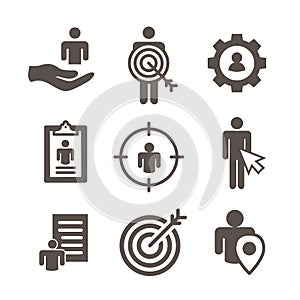 Target market icons of buyer image and persona - gear, arrow, n