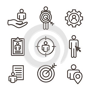 Target market icons of buyer image and persona - gear, arrow, n photo