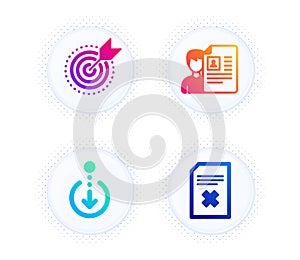 Target purpose, Scroll down and Job interview icons set. Delete file sign. Vector