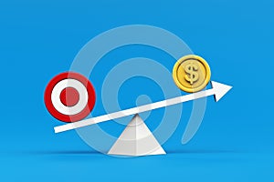 Target on scales board that are heavier than coin. concept of foreign exchange risk management. financial risk assessment balance