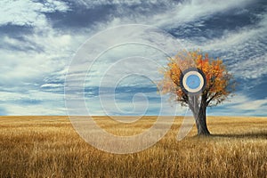 Target set in a vibrant tree against a vast golden field and cloudy sky photo