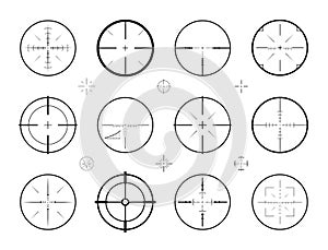 Target, sight sniper set of icons. Hunting, rifle scope, crosshair symbol. Vector illustration