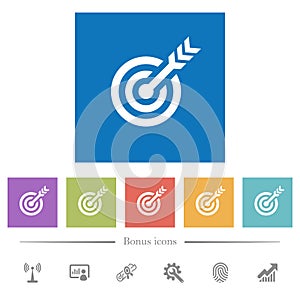 Target table with arrow flat white icons in square backgrounds