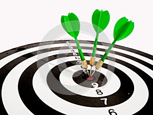 Target with three green dart focus on bull& x27;s eye, Setting challenging business goals And ready to achieve the goal with