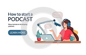 Target webpage for learning podcast recordings. The girl writes a podcast, conducts a webinar, online courses, the