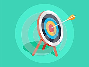 Target on wooden tripod with arrow in cente. Goal setting. Smart goal. Business target concept. Achievement and success.