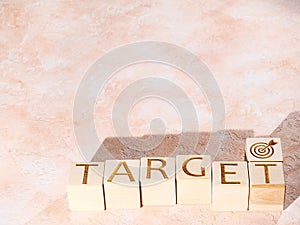 TARGET word and darts icon on wood blocks as growth, success and strategy concept