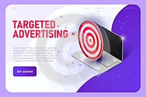 Targeted advertising illustration concept, landing page template. Red goal above realistic laptop, online targeted ad