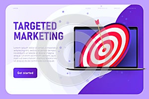 Targeted marketingillustration concept, landing page template. Red goal above realistic laptop, online targeted ad