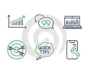 Targeting, Quick tips and Chart icons set. Web analytics, Quote bubble and Smartphone repair signs. Vector