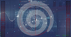 Targeting red reticle crosshair highlighting network node cluster on dashboard, with bar chart