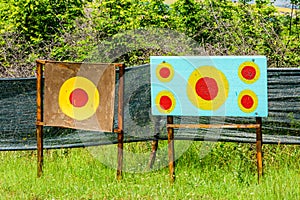 Targets for shooting with shot holes at the shooting range