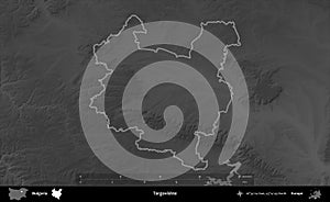 Targovishte outlined, Bulgaria. Grayscale