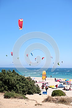Tarifa beach in Spain packed with kitesurfers