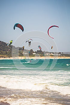 Tarifa,Spain-May 15,2015:kites flying over Tarifa beach