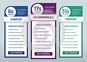 Tariff plans comparison. Recommended tariffs, price list banners and prices plan template vector illustration