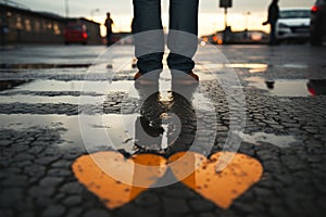 Tarmac rendezvous Budapest scene with feet by heart symbol