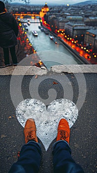 Tarmac rendezvous Budapest scene with feet by heart symbol