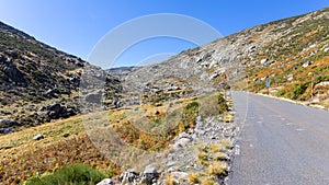 Tarmac road AV-931 with red and white making poles in Sierra de Gredos mountains, Spain.