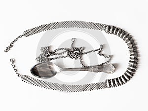 Tarnished vintage silver spoon, necklace and chain