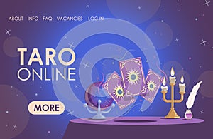 Taro online vector flat landing page template. Table with candles, magic ball, and witchcraft taro cards with sun sign.