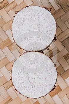 Taro roots , bamboo basket.